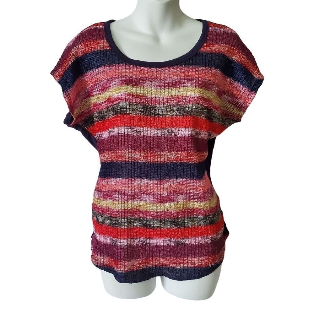 Bobeau Knit Striped Top Multi-Color Scoop Neck Short Sleeve Boho Casual Blouse M